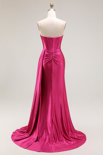 Sparkly Fuchsia Mermaid Sweetheart Beaded Pleated Long Prom Dress with Slit